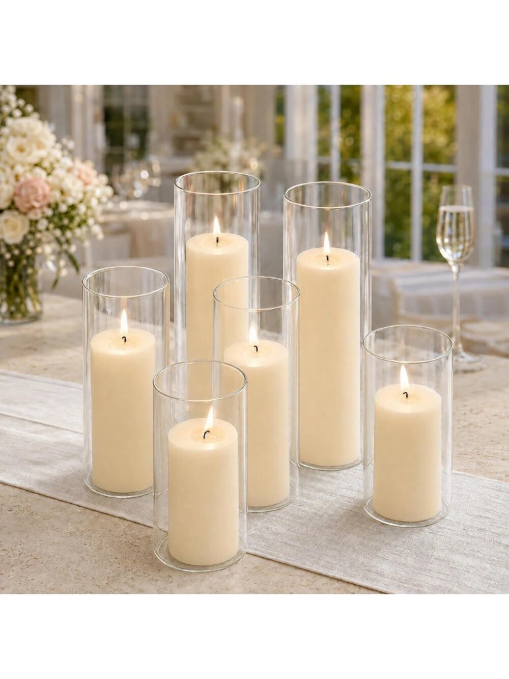 Elegant Set of 6 Ivory Pillar Candles with Glass Hurricane Holders for Home